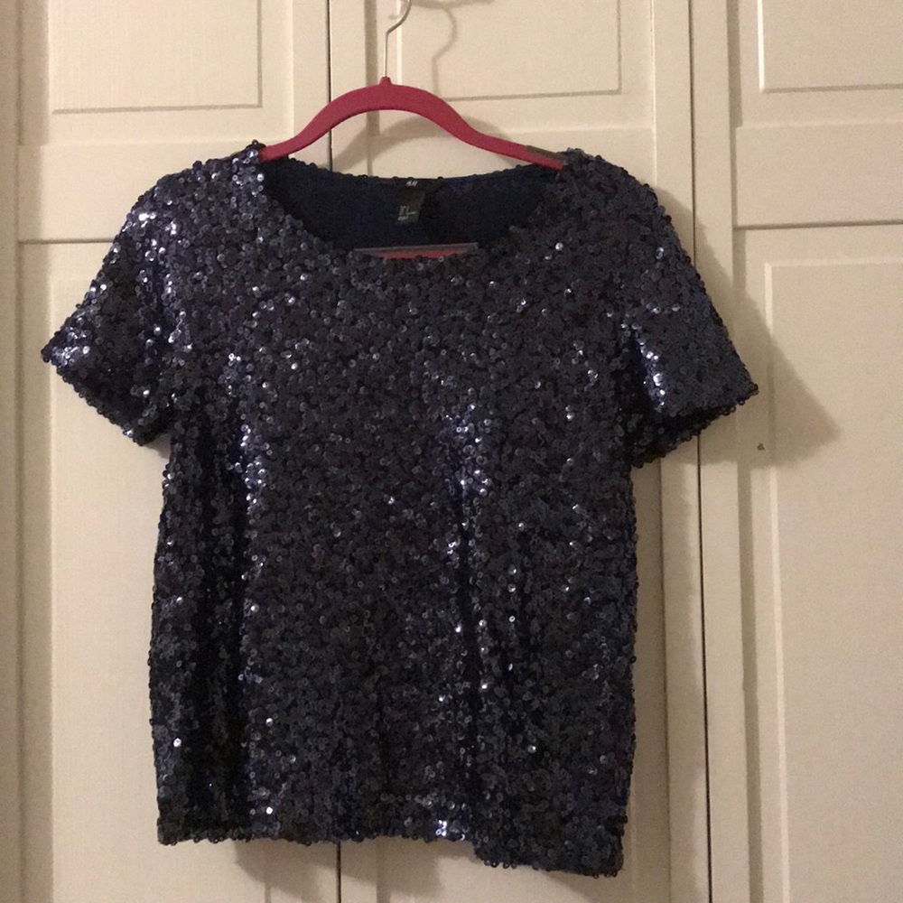 H&M Blue Sequin Short Sleeve Shirt
